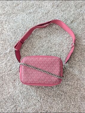 Michael Kors Pink Monogram Crossbody Double Zip Camera Bag